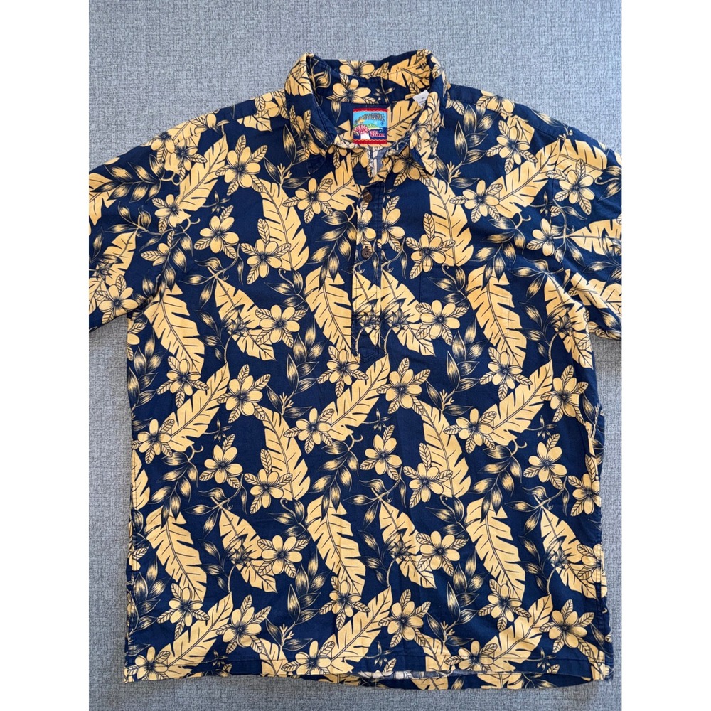 Reyn Spooner Joe Kealoha's Mens XL Navy Gold Floral Cotton Pullover Aloha Shirt